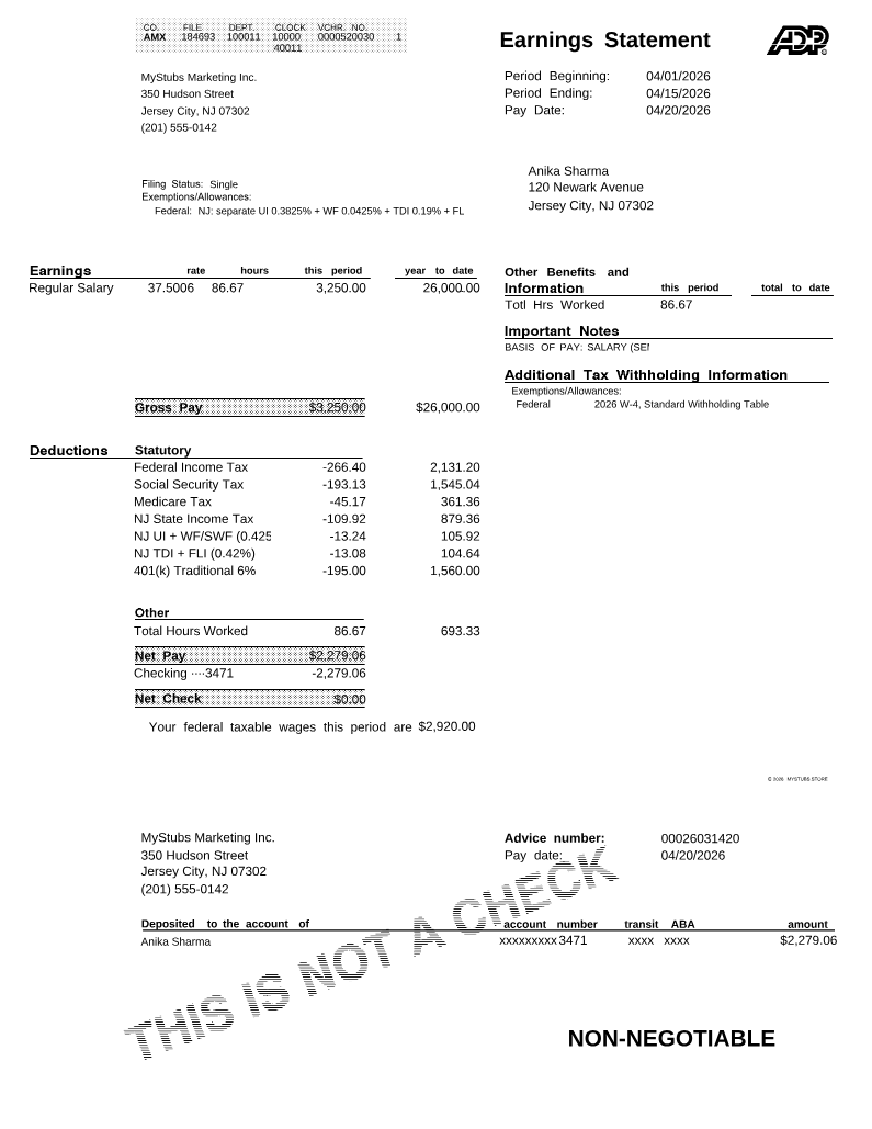 A pay stub — the proof-of-income document in a rental packet — annotated with the zones a leasing office reads: employer, name, pay date, gross, taxes, YTD, and net pay
