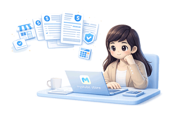 Artwork of an employer at a desk holding multiple paystubs