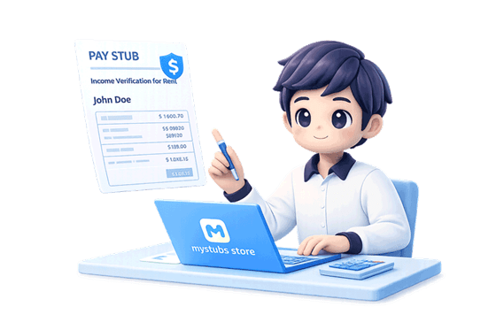 Artwork of a person holding a professional paystub