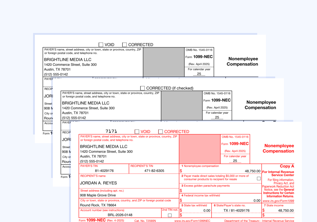 Copy A, Copy B, and Copy 2 of Form 1099-NEC