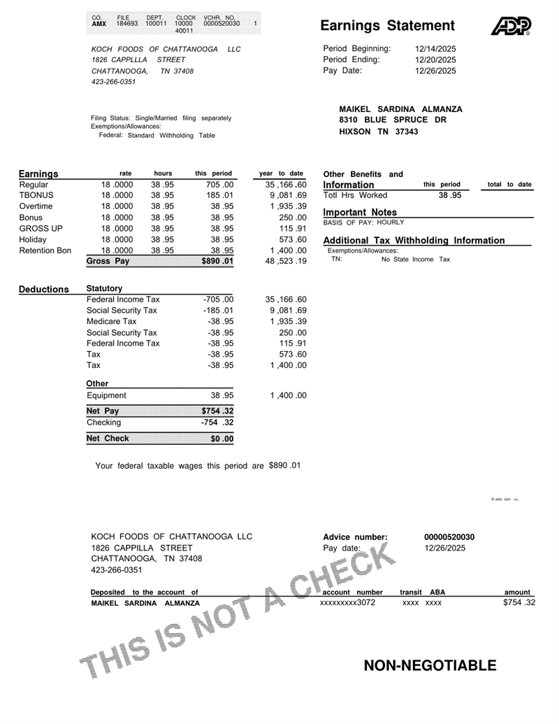 ADP-style paystub template preview