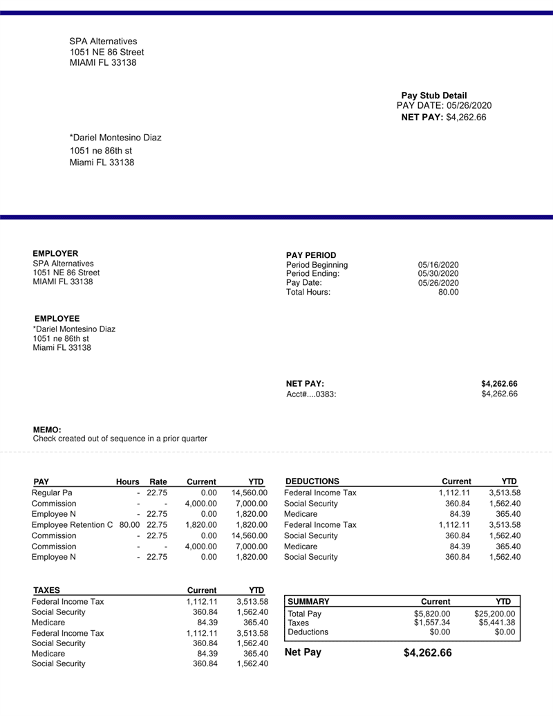 QuickBooks-style paystub template preview