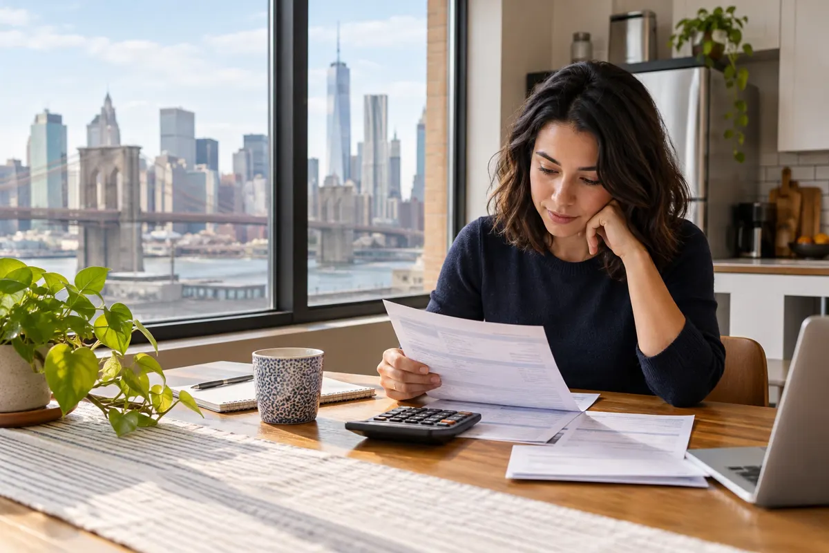 A person reviews a pay statement beside a laptop, illustrating paycheck withholding in New York.