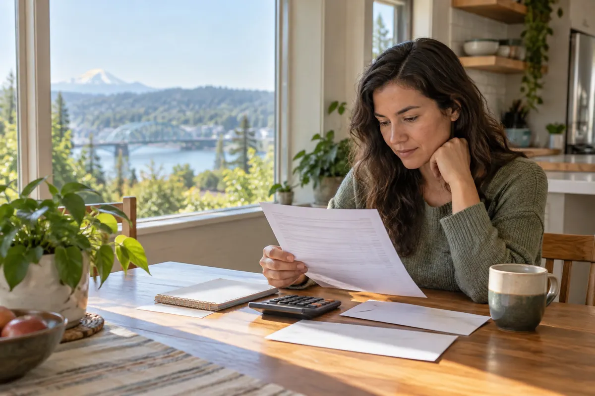 A person reviews a pay statement beside a laptop, illustrating paycheck withholding in Oregon.