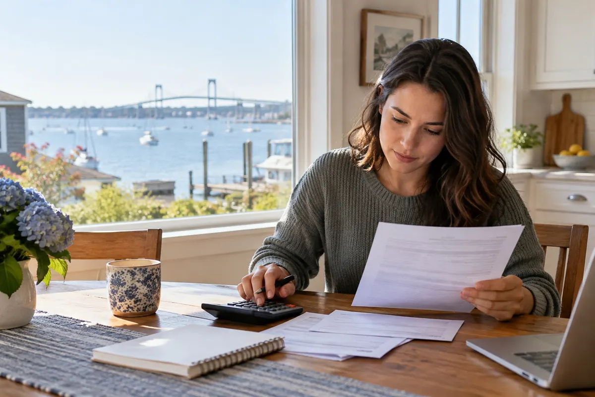 A person reviews a pay statement beside a laptop, illustrating paycheck withholding in Rhode Island.