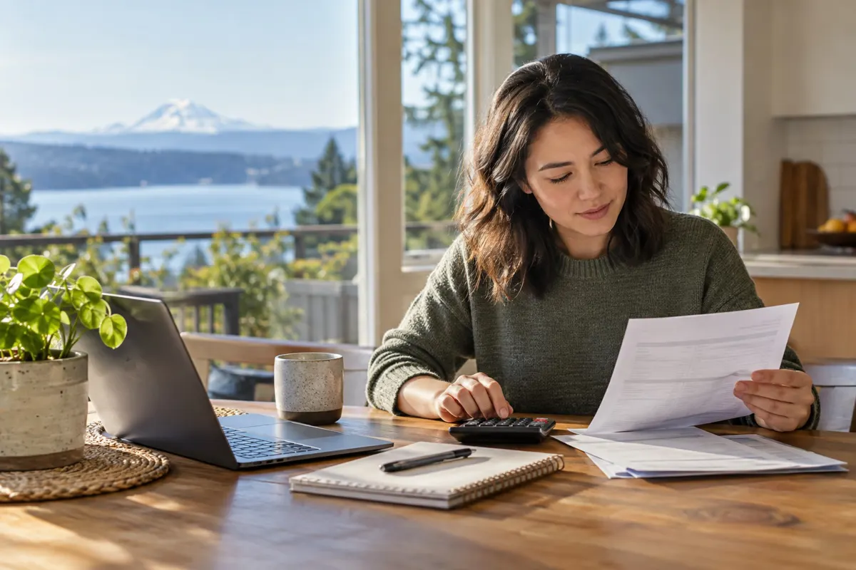 A person reviews a pay statement beside a laptop, illustrating paycheck withholding in Washington.